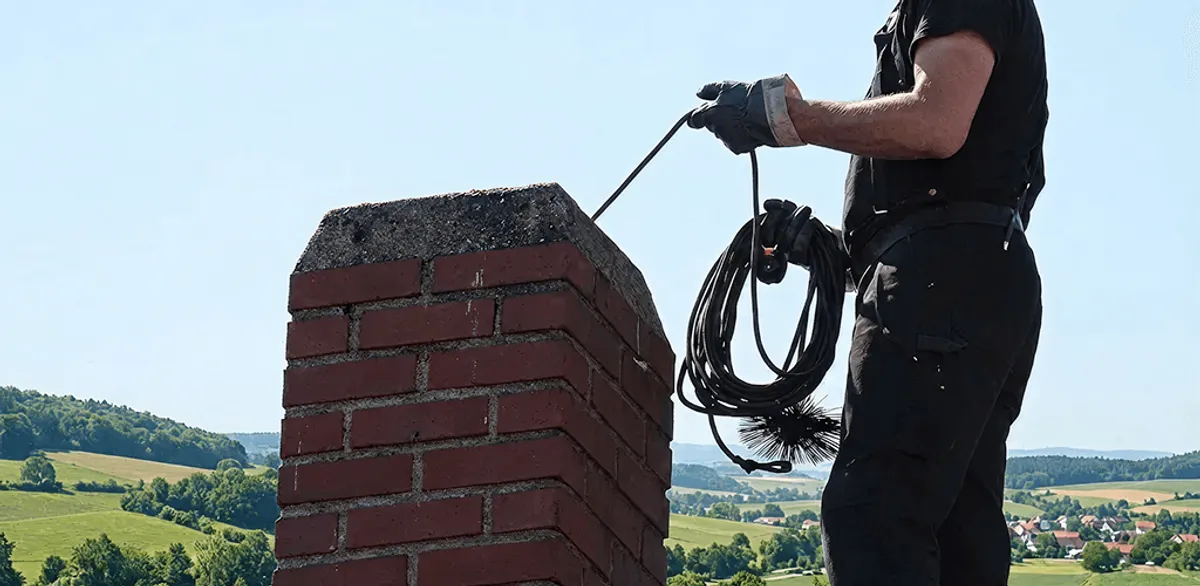 Chimney sweep inspecting and cleaning a rooftop chimney in Norfolk, VA